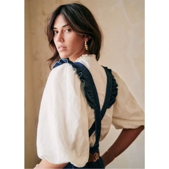 Sezane Rosario Denim Jean Overalls Ruffle Jumpsuit 38 - Picture 3 of 13